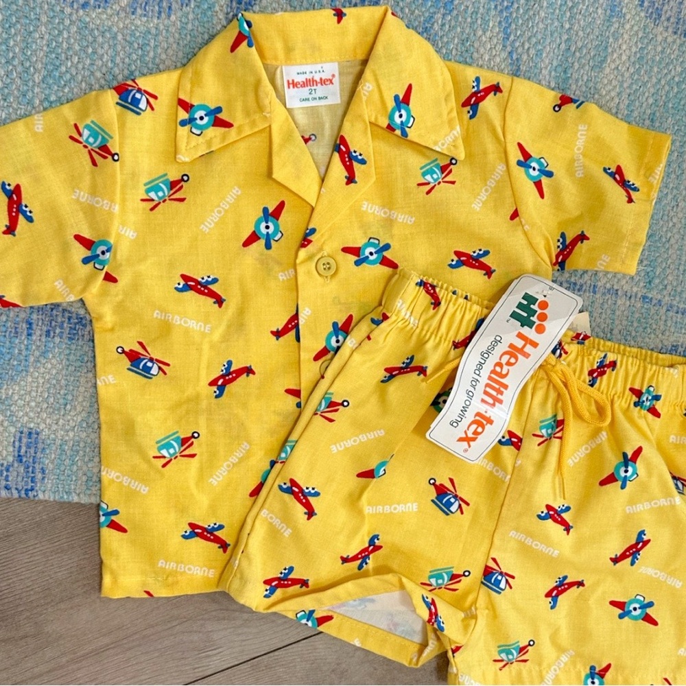 NEW Vintage Healthtex Toddler Yellow Airplane Outfit Set Button Down & Shorts - Picture 2 of 16